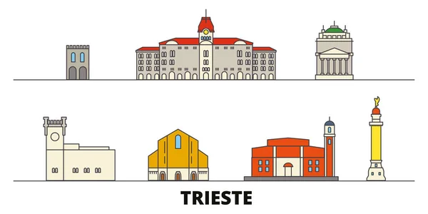 Olaszországban, Trieste lapos tereptárgyak vektoros illusztráció. Olaszország, Trieszt vonalon város híres utazási látnivalók, városkép, design. — Stock Vector