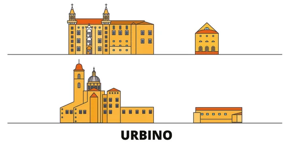 Italia, Urbino Ilustración vectorial de monumentos planos de la ciudad. Italia, Urbino ciudad línea de la ciudad con lugares de interés turístico famosos, horizonte, diseño . — Vector de stock
