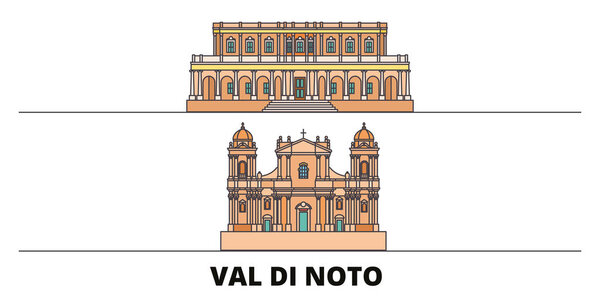 Italy, Val Di Noto flat landmarks vector illustration. Italy, Val Di Noto line city with famous travel sights, skyline, design. 