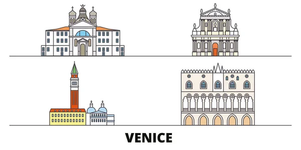 Italia, Venecia Lugares de interés plano vector ilustración. Italia, Venecia Ciudad histórica con lugares de interés turístico famosos, horizonte, diseño . — Vector de stock