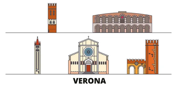 意大利, 维罗纳平地标向量例证。意大利, 维罗纳线城市与著名的旅游景点, 天际线, 设计. — 图库矢量图片