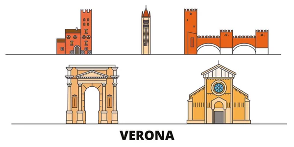 Ιταλία, Βερόνα πόλη επίπεδη ορόσημα διανυσματικά εικονογράφηση. Ιταλία, Βερόνα πόλη γραμμή με διάσημα ταξίδια αξιοθέατα, στον ορίζοντα, σχεδιασμός. — Διανυσματικό Αρχείο