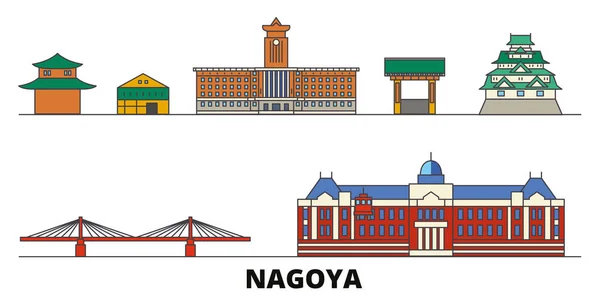 Japón, Nagoya plana hito vector ilustración. Japón, ciudad de la línea de Nagoya con lugares de interés turístico famosos, horizonte, diseño . — Vector de stock