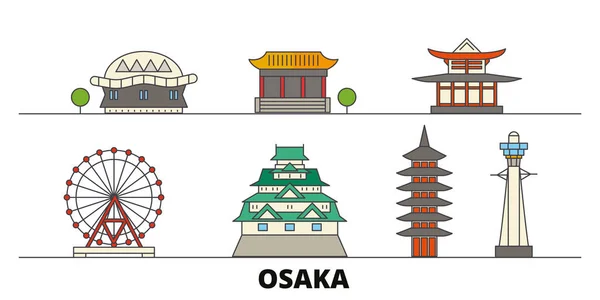 Japón, Osaka plana monumentos vector ilustración. Japón, Osaka ciudad de la línea con lugares de interés turístico famosos, horizonte, diseño . — Vector de stock