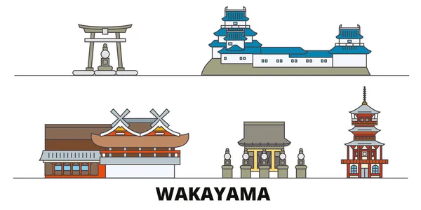 Japón, Wakayama plana monumentos vector ilustración. Japón, ciudad de la línea de Wakayama con lugares de interés turístico famosos, horizonte, diseño . — Vector de stock