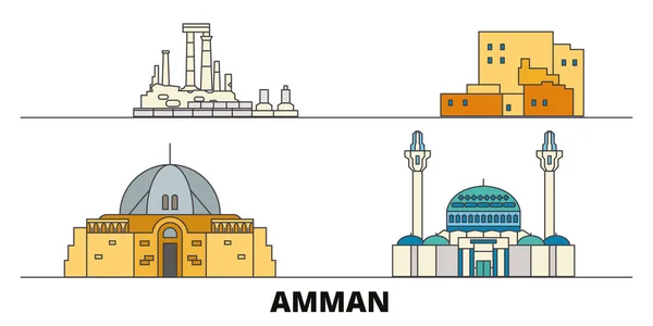 Jordan, Amã marcos planos ilustração vetorial. Jordânia, cidade da linha de Amã com vistas famosas do curso, skyline, projeto . — Vetor de Stock