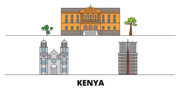 Kenia hito plano vector ilustración. Kenia línea de la ciudad con lugares de interés turístico famosos, horizonte, diseño . — Vector de stock