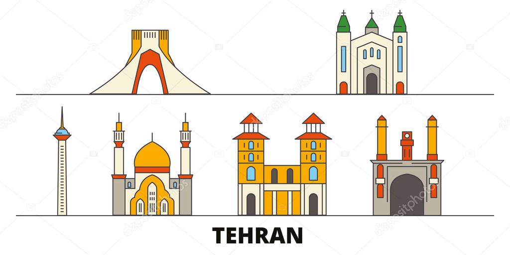 Iran, Tehran flat landmarks vector illustration. Iran, Tehran line city with famous travel sights, skyline, design. 
