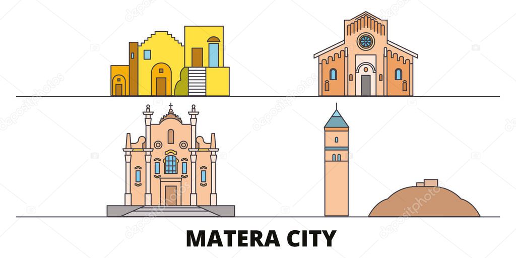 Italy, Matera City flat landmarks vector illustration. Italy, Matera City line city with famous travel sights, skyline, design. 