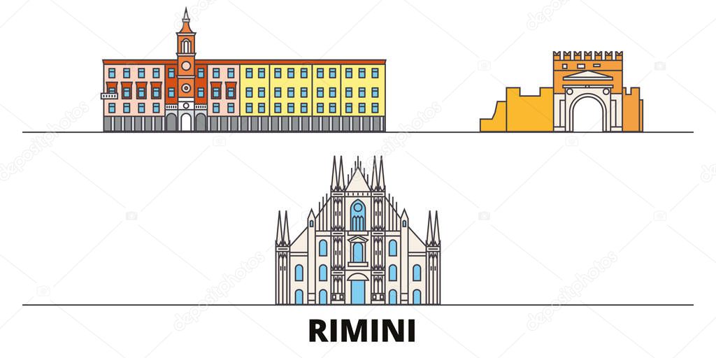 Italy, Rimini flat landmarks vector illustration. Italy, Rimini line city with famous travel sights, skyline, design. 