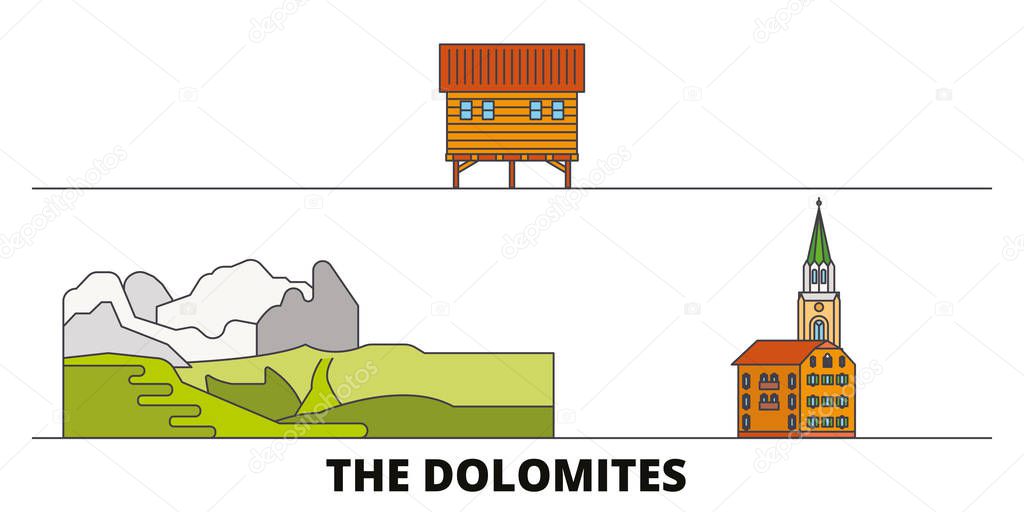 Italy, The Dolomites  flat landmarks vector illustration. Italy, The Dolomites  line city with famous travel sights, skyline, design. 