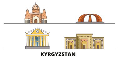 Kırgızistan düz yerlerinden illüstrasyon vektör. Kırgızistan satır şehir ünlü seyahat yerler, manzarası, tasarım ile. 