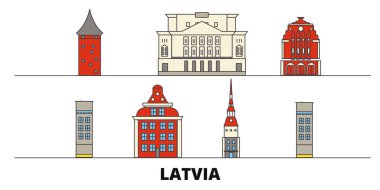 Letonya düz yerlerinden illüstrasyon vektör. Letonya satır şehir ünlü seyahat yerler, manzarası, tasarım ile. 