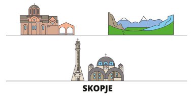 Makedonya, Üsküp simge vektör çizim düz. Makedonya, Skopje satır şehir ünlü seyahat yerler, manzarası, tasarım ile. 