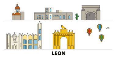 Mexico, Leon flat landmarks vector illustration. Mexico, Leon line city with famous travel sights, skyline, design.  clipart
