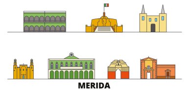 Meksika, Merida simge vektör çizim düz. Meksika, Merida satır şehir ünlü seyahat yerler, manzarası, tasarım ile. 