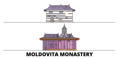 Moldavya, Arbore Kilisesi, Moldovita Manastırı düz yerlerinden illüstrasyon vektör. Ünlü seyahat yerler, tasarım manzarası ile Moldavia, Arbore Kilisesi, Moldovita Manastırı satır şehir.