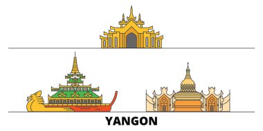 Myanmar, Yangon düz yerlerinden illüstrasyon vektör. Myanmar, Yangon satır şehir ünlü seyahat yerler, manzarası, tasarım ile. 