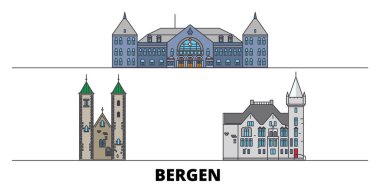 Norveç, Bergen simge vektör çizim düz. Norveç, Bergen satır şehir ünlü seyahat yerler, manzarası, tasarım ile. 