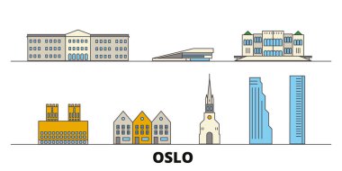 Norveç, Oslo simge vektör çizim düz. Norveç, Oslo hattı şehir ünlü seyahat yerler, manzarası, tasarım ile. 
