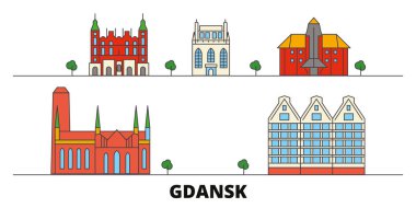 Polonya, Gdansk simge vektör çizim düz. Polonya, Gdansk satır şehir ünlü seyahat yerler, manzarası, tasarım ile. 