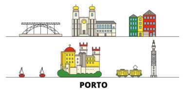 Portekiz, Porto düz yerlerinden illüstrasyon vektör. Portekiz, Porto satır şehir ünlü seyahat yerler, manzarası, tasarım ile. 