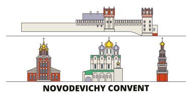 Rusya, Moskova, Novodevichy Manastırı düz yerlerinden illüstrasyon vektör. Rusya, Moskova, Novodevichy Manastırı şehir ünlü seyahat yerler, manzarası, tasarım ile satır. 