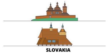 Slovakya, Ahşap Kiliseler Karpat dağ alan simge vektör çizim düz. Slovakya, ünlü seyahat yerler ile Ahşap Kiliseler Karpat dağ alan satır şehir manzarası