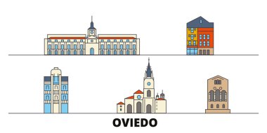 İspanya, Oviedo simge vektör çizim düz. İspanya, Oviedo satır şehir ünlü seyahat yerler, manzarası, tasarım ile. 