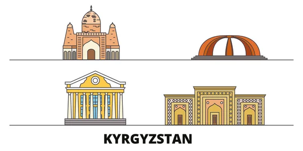 Kyrgyzstán plochý památky vektorové ilustrace. Kyrgyzstán linie město slavných cestovních památky, Panorama, design. — Stockový vektor