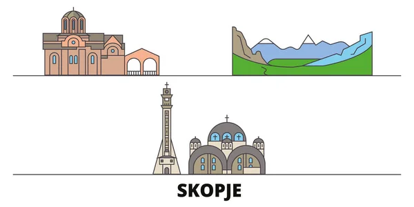 Macedonia, Skopje plana hito vector ilustración. Macedonia, Skopje ciudad con lugares de interés turístico famosos, horizonte, diseño . — Vector de stock