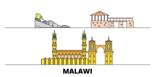 Malawi plana monumentos vector ilustración. Malawi línea de la ciudad con lugares de interés turístico famosos, horizonte, diseño . — Vector de stock