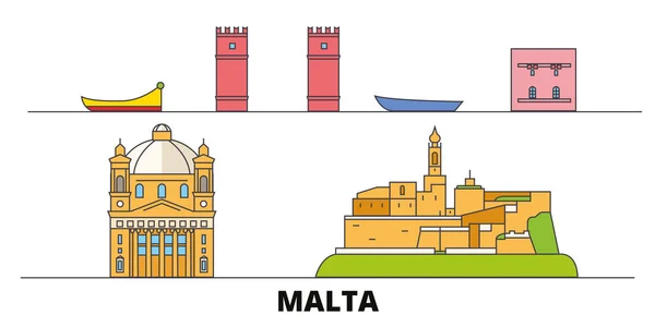 Malta plana monumentos vector ilustración. Malta línea de la ciudad con lugares de interés turístico famosos, horizonte, diseño . — Vector de stock