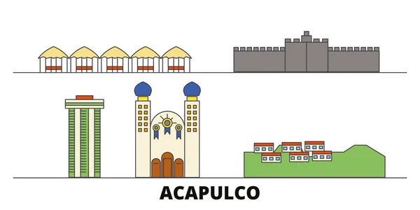 México, Acapulco plana hito vector ilustración. México, ciudad línea de Acapulco con lugares de interés turístico famosos, horizonte, diseño . — Vector de stock