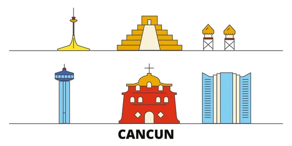 México, Cancún plana puntos de referencia ilustración vectorial. México, Cancún ciudad línea con lugares de interés turístico famosos, horizonte, diseño . — Vector de stock