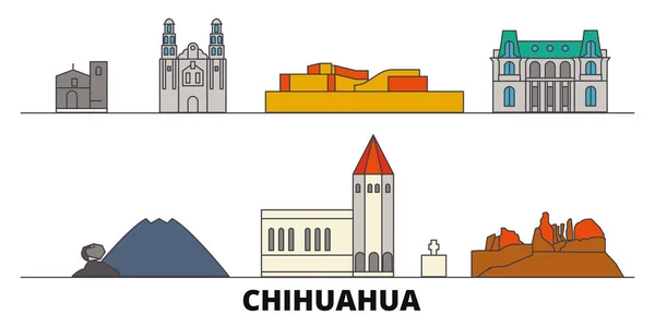 Mexique, Chihuahua repères plats illustration vectorielle. Mexico, Chihuahua line city avec des sites touristiques célèbres, skyline, design . — Image vectorielle