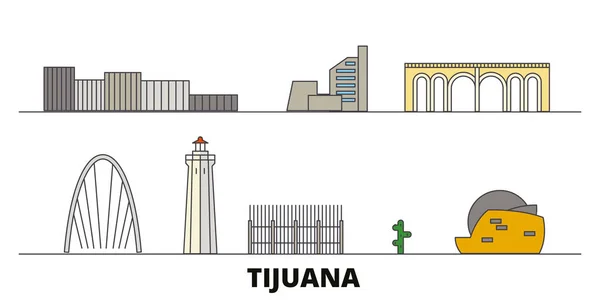 México, Tijuana plana hito vector ilustración. México, Tijuana line city con lugares de interés turístico famosos, skyline, diseño . — Vector de stock