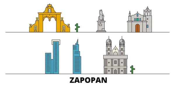 México, Zapopan plana puntos de referencia ilustración vectorial. México, ciudad de la línea de Zapopan con lugares de interés turístico famosos, horizonte, diseño . — Vector de stock