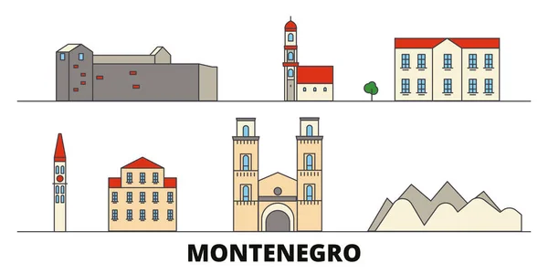 Monténégro repères plats illustration vectorielle. Monténégro ligne ville avec des sites touristiques célèbres, skyline, design . — Image vectorielle