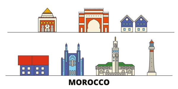 Μαρόκο αξιοθέατα επίπεδη διανυσματικά εικονογράφηση. Μαρόκο γραμμή πόλη με το περίφημο ταξίδι αξιοθέατα, στον ορίζοντα, σχεδιασμός. — Διανυσματικό Αρχείο