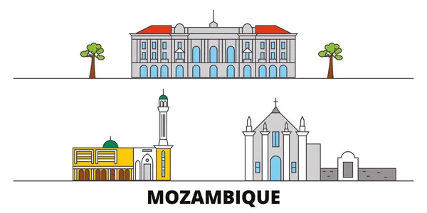 Mozambique flache Landmarken Vektorillustration. mozambique line city mit berühmten Reisesehenswürdigkeiten, Skyline, Design. — Stockvektor