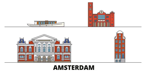 Países Bajos, Amsterdam hito plano vector ilustración. Países Bajos, Amsterdam line city con lugares de interés turístico famosos, horizonte, diseño . — Vector de stock