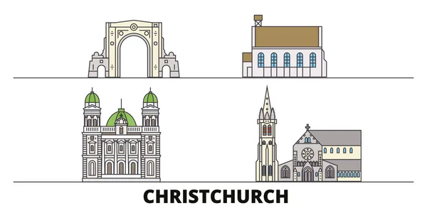 Nueva Zelanda, Christchurch plana monumentos vector ilustración. Nueva Zelanda, Christchurch line city con lugares de interés turístico famosos, horizonte, diseño . — Vector de stock