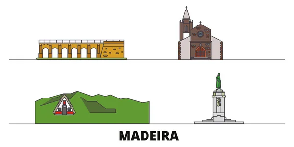 Portugal, Madeira plana monumentos vector ilustración. Portugal, ciudad de la línea de Madeira con lugares de interés turístico famosos, horizonte, diseño . — Vector de stock