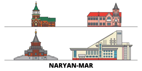 Rusia, Naryan Mar plana hito vector ilustración. Rusia, Naryan Mar línea de la ciudad con lugares de interés turístico famosos, horizonte, diseño . — Vector de stock