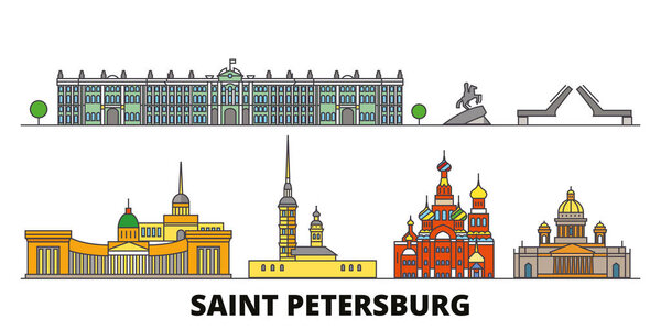 Россия, Санкт-Петербург - плоская векторная иллюстрация. Россия, Санкт-Петербург линейный город с известными достопримечательностями, горизонтом, дизайном
. 