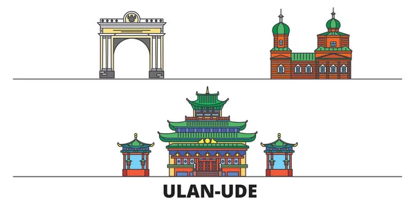 Rusia, Ulan Ude hito plano vector ilustración. Rusia, Ulan Ude ciudad con lugares de interés turístico famosos, horizonte, diseño . — Vector de stock