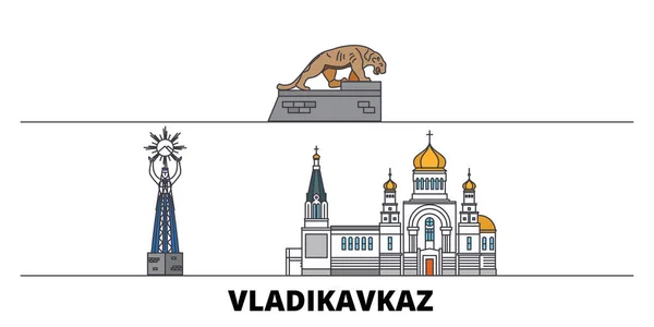 Rusia, Vladikavkaz plana monumentos vector ilustración. Rusia, ciudad de la línea de Vladikavkaz con lugares de interés turístico famosos, horizonte, diseño . — Vector de stock