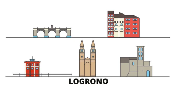 España, Logrono plana monumentos vector ilustración. España, Logrono ciudad línea con lugares de interés turístico famosos, horizonte, diseño . — Vector de stock