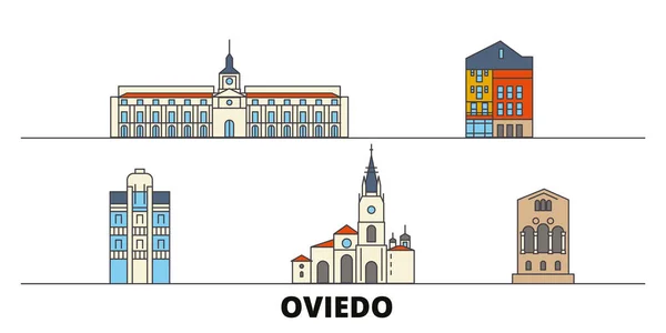 Spanyolország, Oviedo lapos tereptárgyak vektoros illusztráció. Spanyolország, Oviedo vonal város híres utazási látnivalók, városkép, design. — Stock Vector